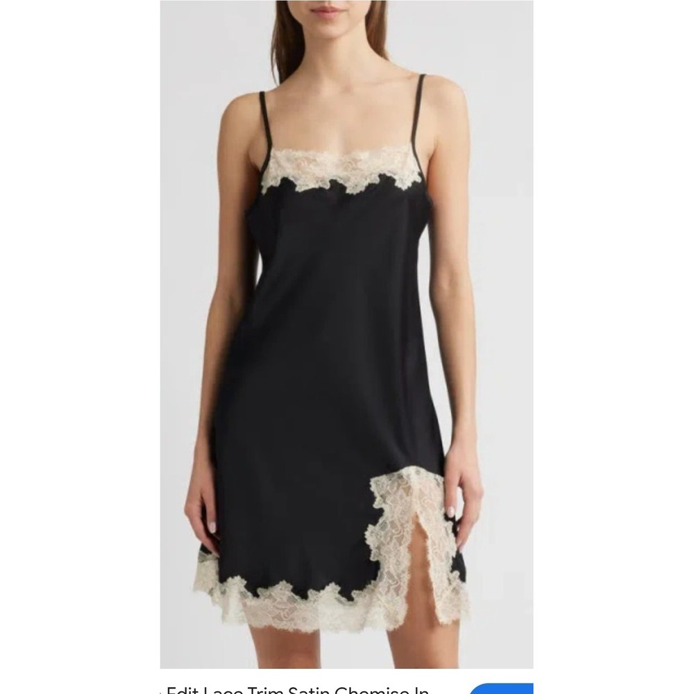 Open Edit Lace Trim Satin Chemise Slip Dress Black Size Medium